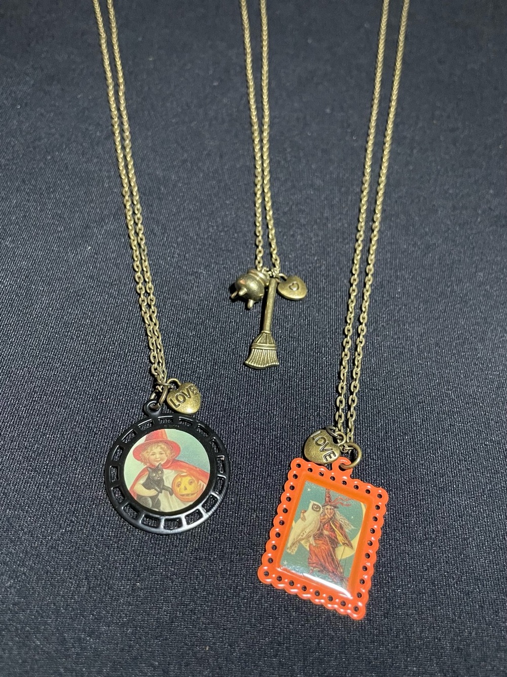 Vintage-Inspired Halloween Pendant Necklace Set of 3 - Orange & Black
